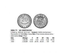 Ангола 20 сентаво 1949 г. (300 лет войне за Независимость) 