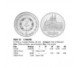 Германия 5 марок 1972 г. (Город Мейсен) Германия 5 марок 1972 г. (Город Мейсен)