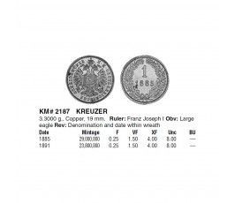 Австрия 1 крейцер 1885 г. Австрия 1 крейцер 1885 г.