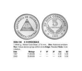 Никарагуа 5 кордоба 1997 г.