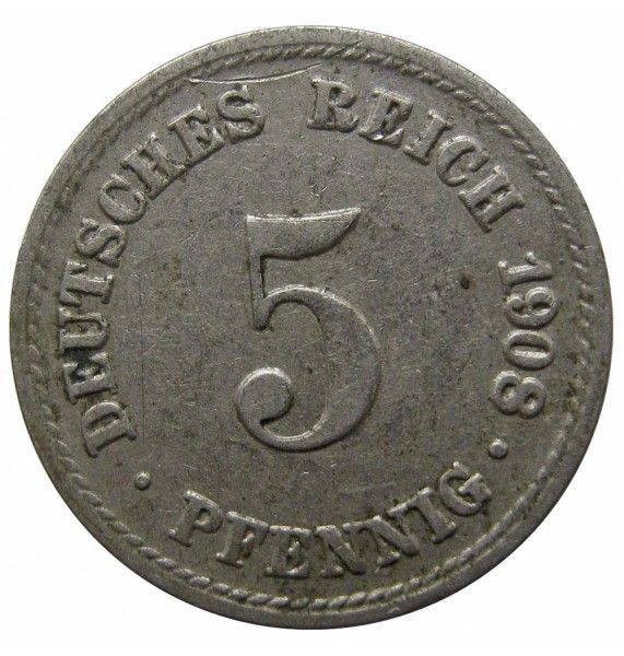 Германия 5 пфеннигов 1908 г. A