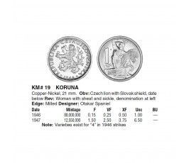 Чехословакия 1 крона 1946 г.