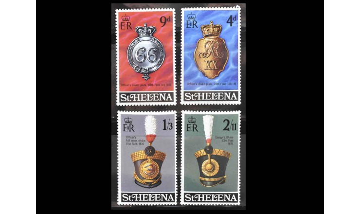 Остров Святой Елены 1970 г. "Кокарды и каски Королевской британской армии 19 века"