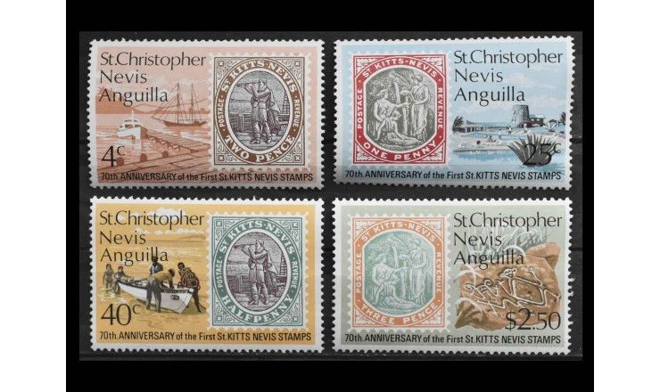 Сент-Кристофер-Невис-Ангилья 1973 г. "70-летие выпуска почтовой марки Сент-Китса и Невиса" Сент-Кристофер-Невис-Ангилья 1973 г. "70-летие выпуска почтовой марки Сент-Китса и Невиса"
