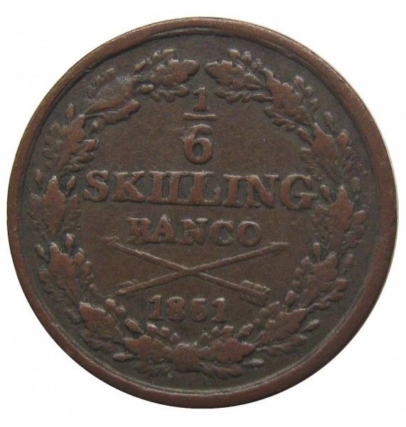 Швеция 1/6 скиллинга 1851 г.