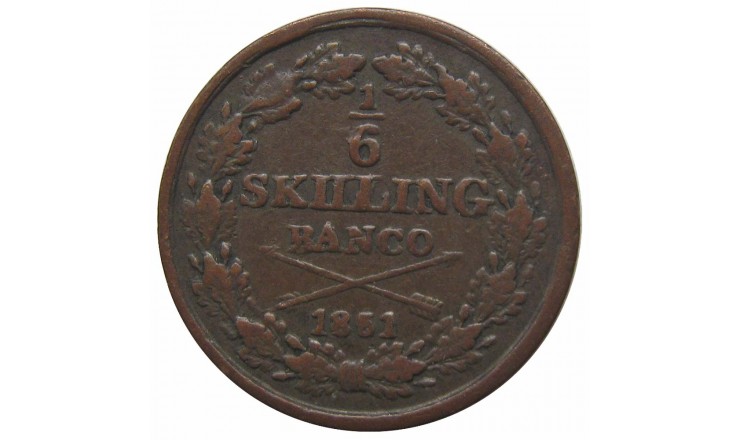 Швеция 1/6 скиллинга 1851 г.