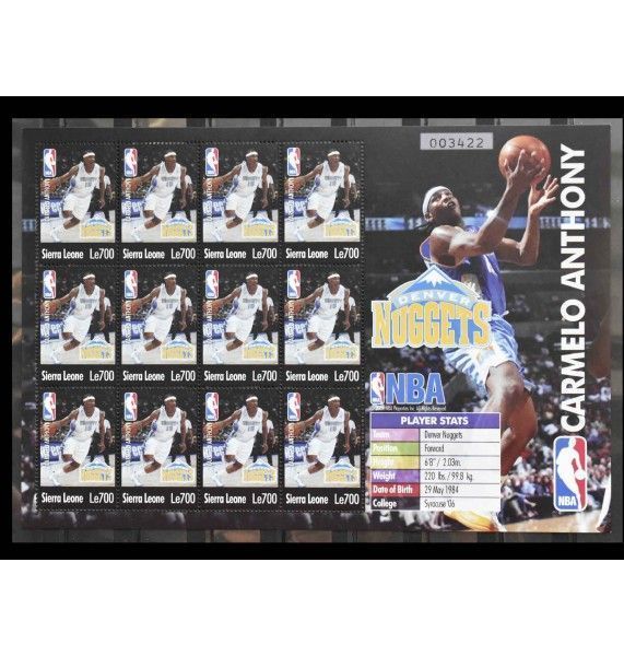 Сьерра-Леоне 2004 г. "Игроки NBA - Кармело Энтони" Сьерра-Леоне 2004 г. "Игроки NBA - Кармело Энтони"