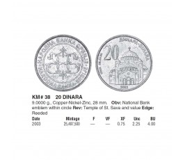 Сербия 20 динар 2003 г.