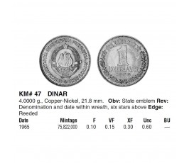 Югославия 1 динар 1965 г.