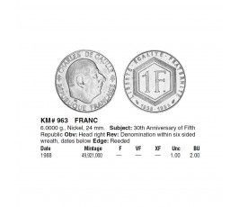 Франция 1 франк 1988 г. (30 лет Пятой Республике) Франция 1 франк 1988 г. (30 лет Пятой Республике)