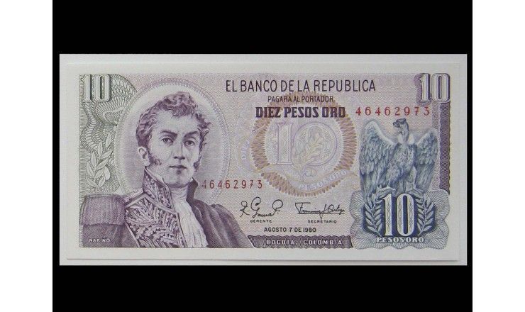 Колумбия 10 песо 1980 г.