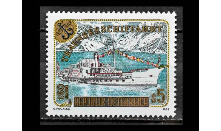 Австрия 1989 г. "150 лет судоходству на озере Траунзе: Колёсный пароход "Гизела"