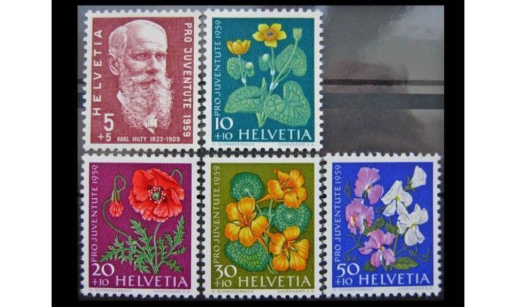 Швейцария 1959 г. "50-летие смерти Карла Хилти; Луговые и садовые цветы"