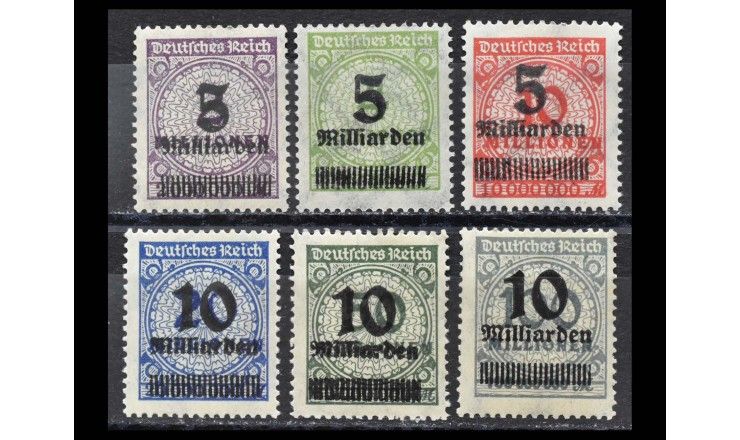 Германия (Веймарская республика) 1923 г. "Стандартные марки: Цифры в круге с розетками" (надпечатка) 