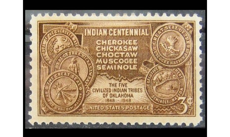 США 1948 г. "100-летие переселения пяти индейских племен в Оклахому"  