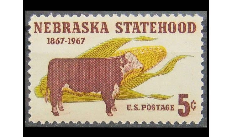 США 1967 г. "100 лет штату Небраска, герефордская корова и кукурузный початок"  