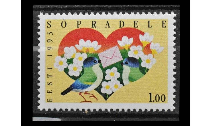 Эстония 1993 г. "Птица с письмом на фоне сердца с цветами"