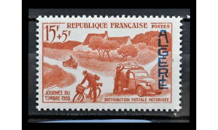 Алжир 1958 г. "Почтальоны с велосипедом, мотоциклом и автомобилем" (надпечатка)