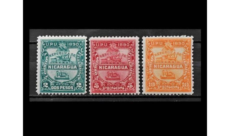 Никарагуа 1890 г. "Стандартные марки: Локомотив и телеграф на щите"